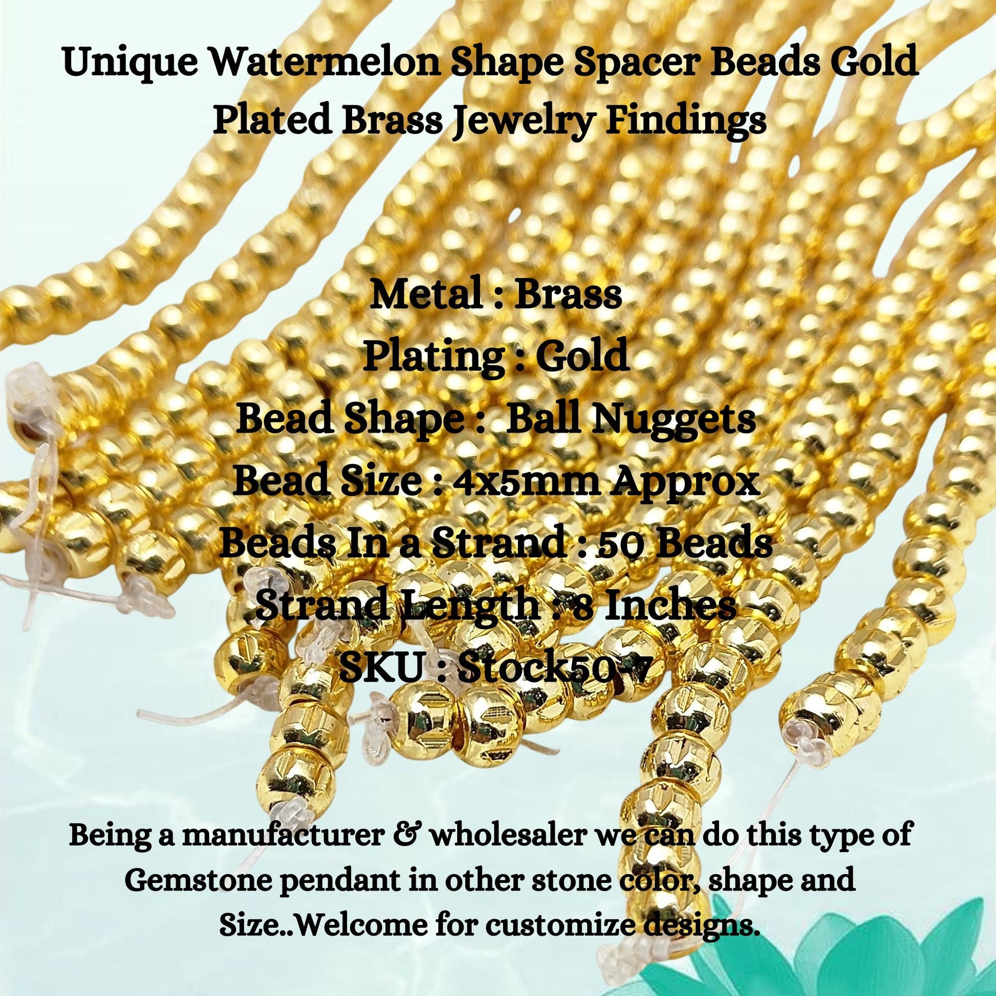 Close-up of unique watermelon design gold plated brass spacer beads