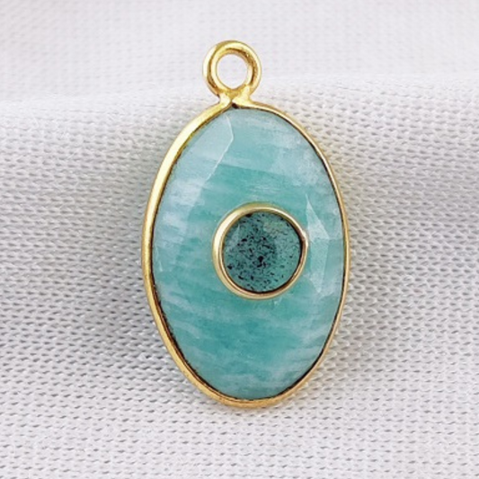 Gold-Plated Sterling Silver Amazonite & Labradorite Double Gemstone Oval Bezel Set Charm Pendant For Gift- Selling Per Piece