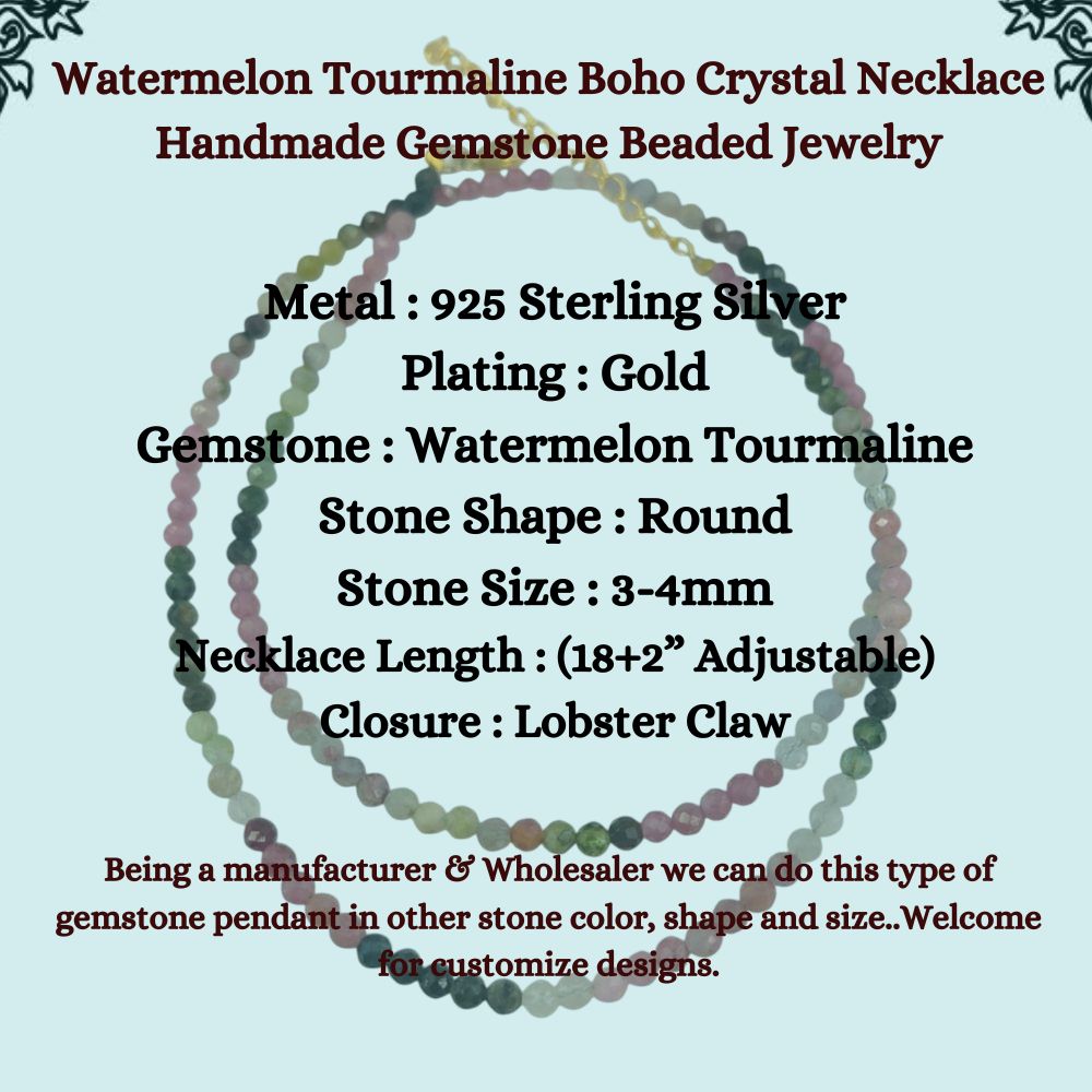 Watermelon Tourmaline Boho Crystal Necklace Handmade Gemstone Beaded Jewelry Gold Plated Sterling Silver Necklace for Women (Adjustable 18+2 Inch Chain) – Selling/Piece