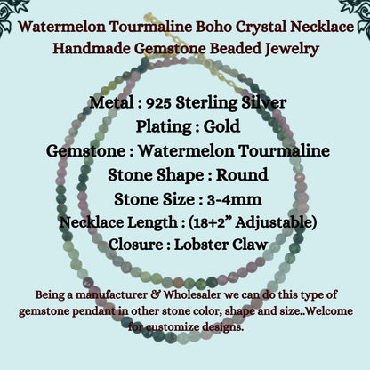 Watermelon Tourmaline Boho Crystal Necklace Handmade Gemstone Beaded Jewelry Gold Plated Sterling Silver Necklace for Women (Adjustable 18+2 Inch Chain) – Selling/Piece