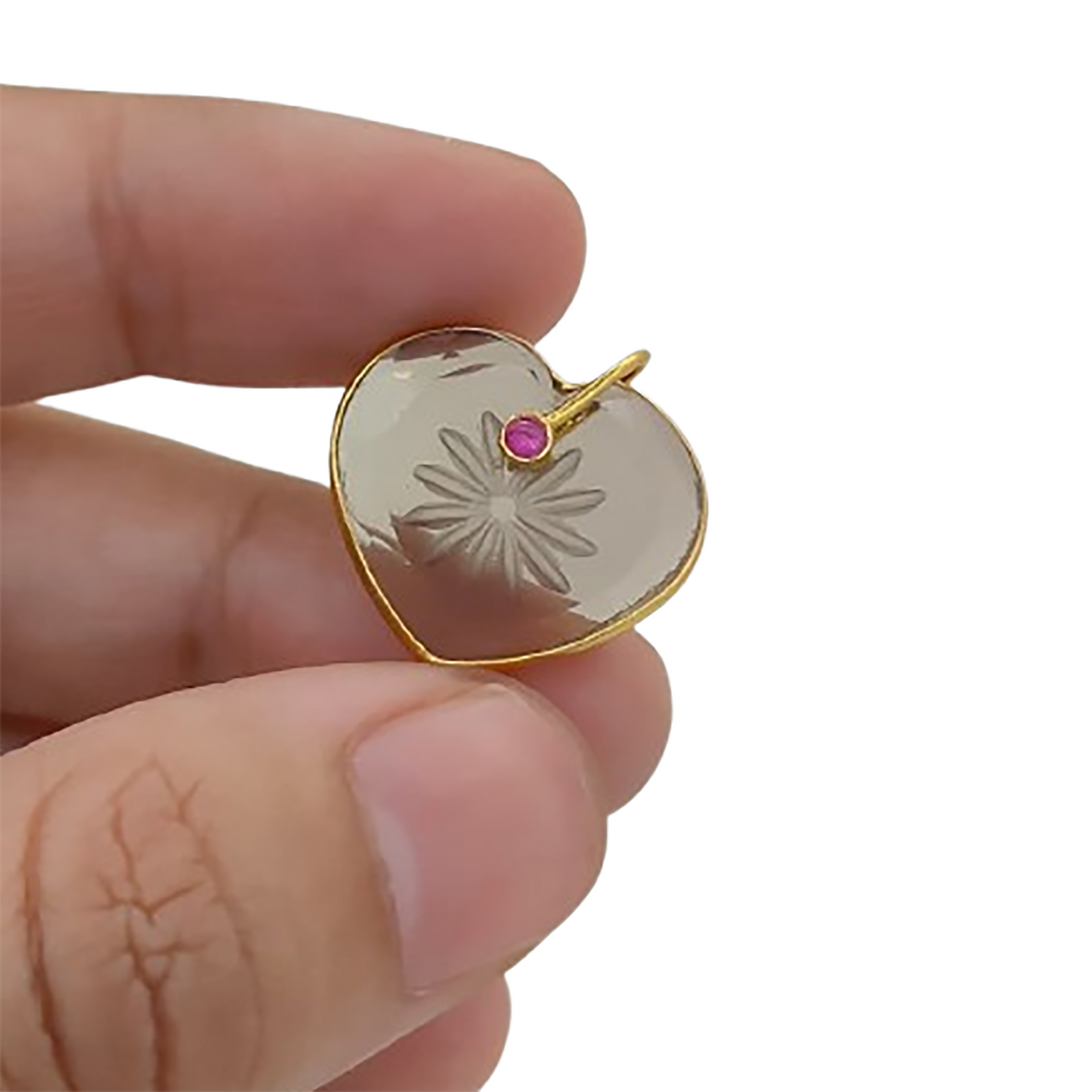 Somy Quartz Crystal Heart Pendant in 925 Sterling Silver with Engraved Design & Fancy Pinch Bail Perfect Valentine’s Day Gift- Selling Per Piece