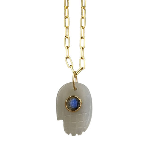White Moonstone Hamsa Hand Necklace Gold Plated Paperclip Chain Unique Boho Gift for Women- Selling Per Piece