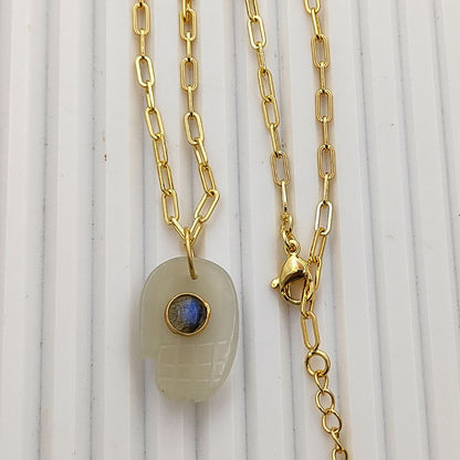 White Moonstone Hamsa Hand Necklace Gold Plated Paperclip Chain Unique Boho Gift for Women- Selling Per Piece
