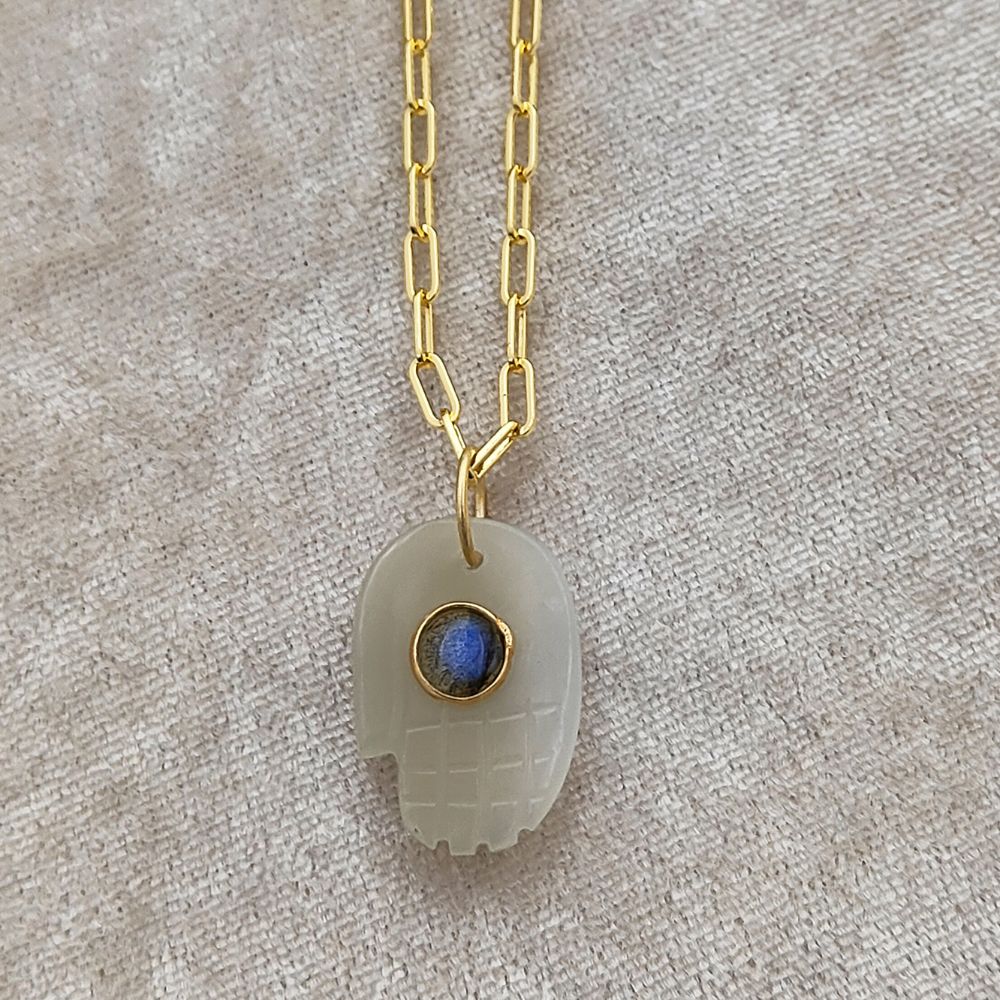 White Moonstone Hamsa Hand Necklace Gold Plated Paperclip Chain Unique Boho Gift for Women- Selling Per Piece
