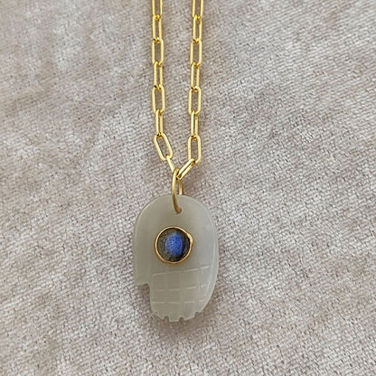 White Moonstone Hamsa Hand Necklace Gold Plated Paperclip Chain Unique Boho Gift for Women- Selling Per Piece