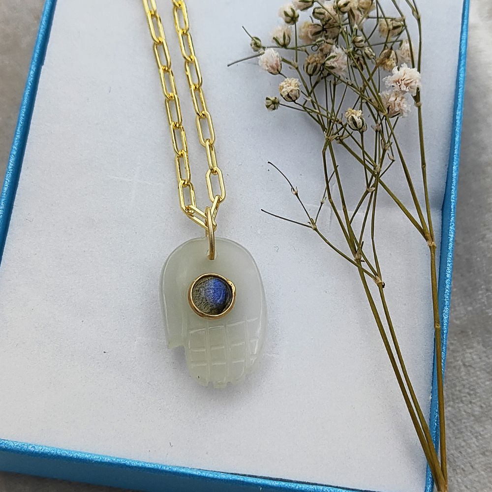 White Moonstone Hamsa Hand Necklace Gold Plated Paperclip Chain Unique Boho Gift for Women- Selling Per Piece