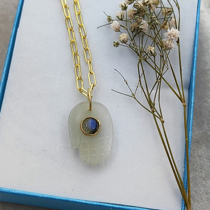 White Moonstone Hamsa Hand Necklace Gold Plated Paperclip Chain Unique Boho Gift for Women- Selling Per Piece