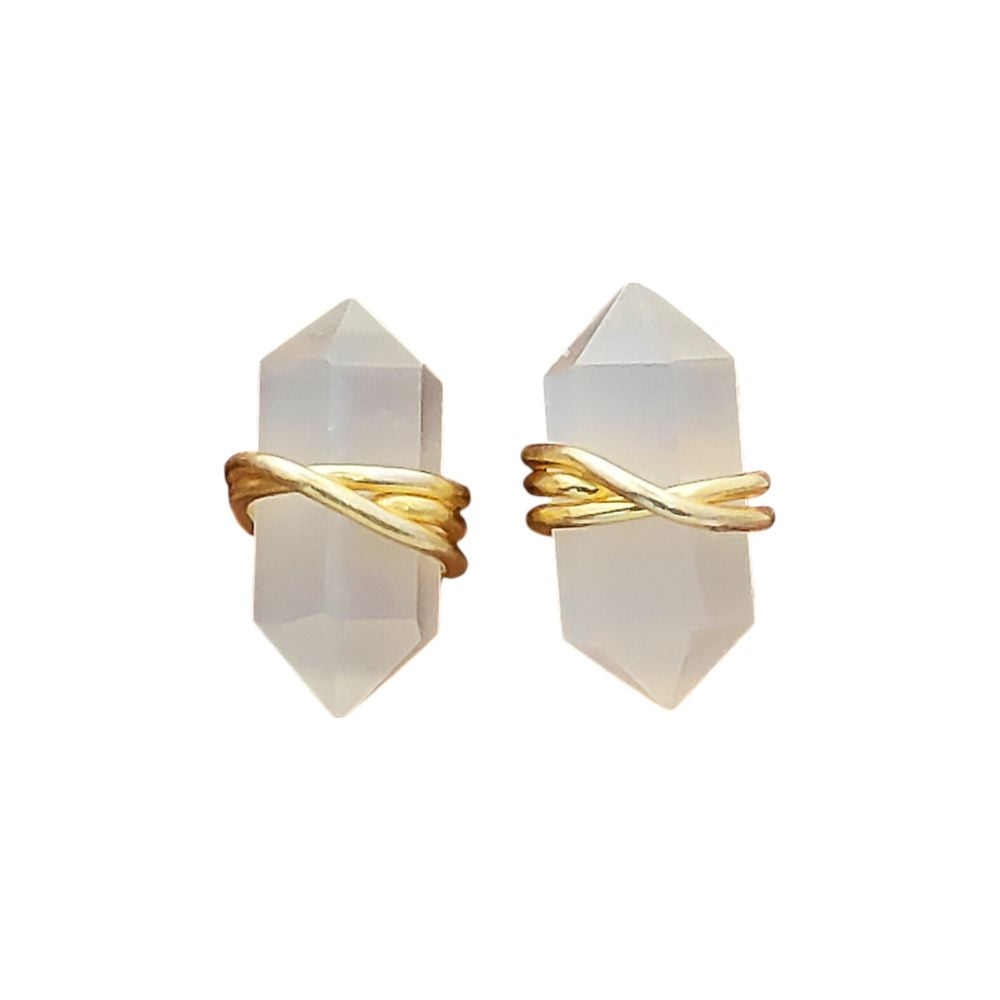 White Moonstone Stud Earrings Handmade Double Point Gemstone in Gold Vermeil Minimalist Crystal Jewelry- Selling Per Pair