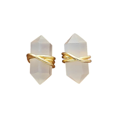 White Moonstone Stud Earrings Handmade Double Point Gemstone in Gold Vermeil Minimalist Crystal Jewelry- Selling Per Pair