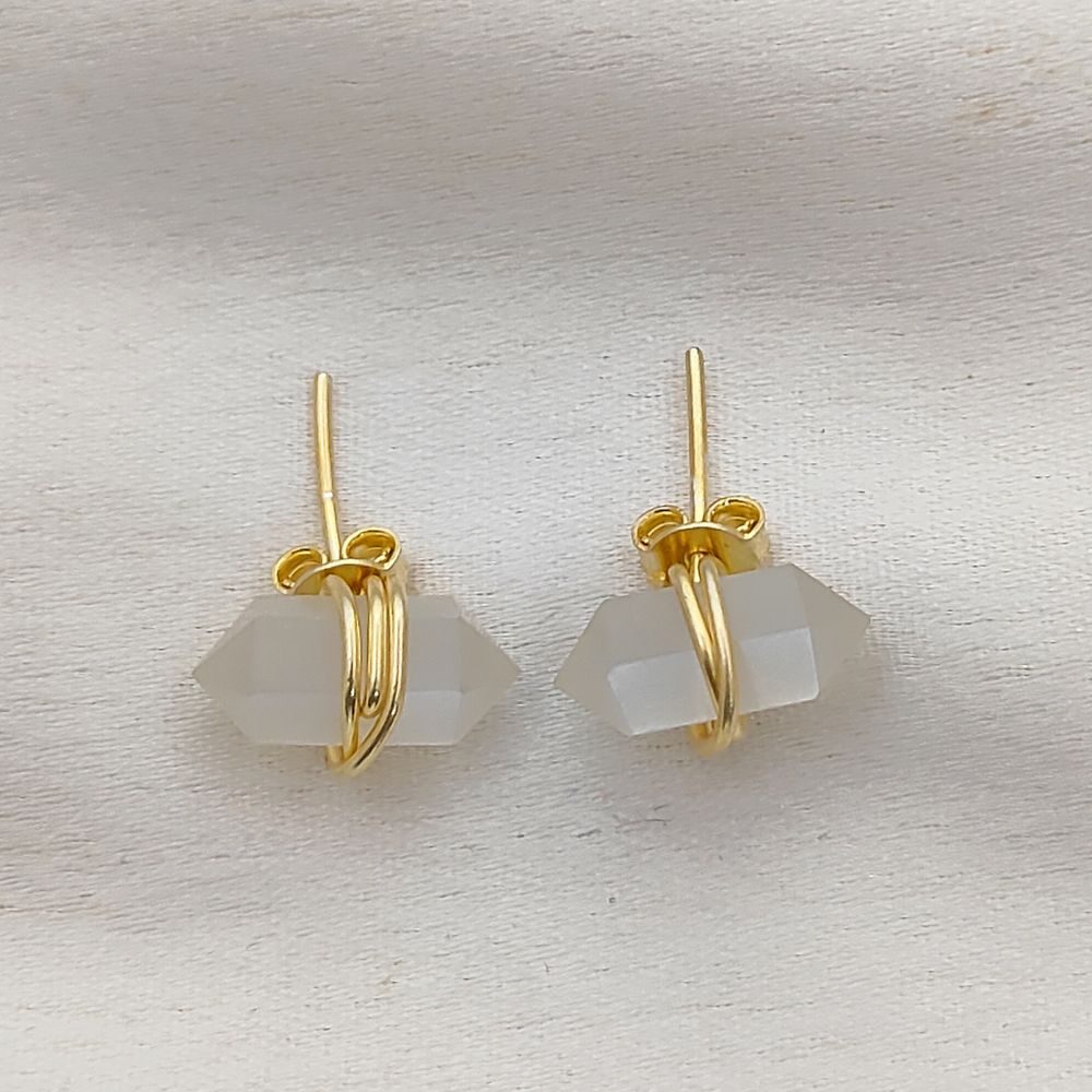 White Moonstone Stud Earrings Handmade Double Point Gemstone in Gold Vermeil Minimalist Crystal Jewelry- Selling Per Pair