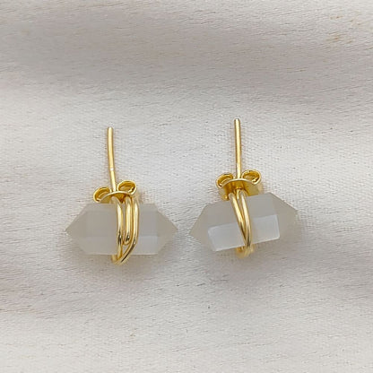 White Moonstone Stud Earrings Handmade Double Point Gemstone in Gold Vermeil Minimalist Crystal Jewelry- Selling Per Pair