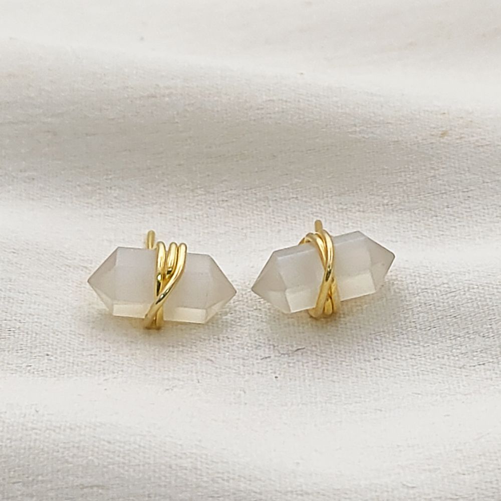 White Moonstone Stud Earrings Handmade Double Point Gemstone in Gold Vermeil Minimalist Crystal Jewelry- Selling Per Pair