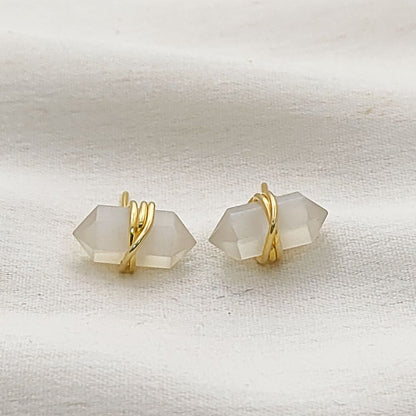 White Moonstone Stud Earrings Handmade Double Point Gemstone in Gold Vermeil Minimalist Crystal Jewelry- Selling Per Pair
