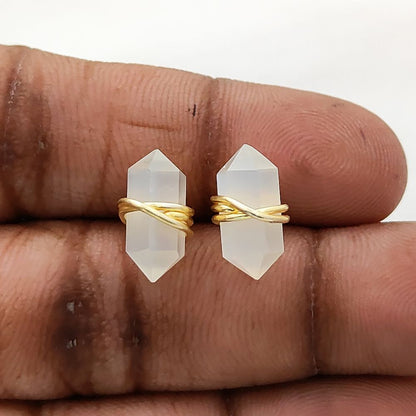 White Moonstone Stud Earrings Handmade Double Point Gemstone in Gold Vermeil Minimalist Crystal Jewelry- Selling Per Pair
