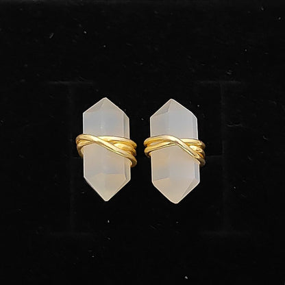 White Moonstone Stud Earrings Handmade Double Point Gemstone in Gold Vermeil Minimalist Crystal Jewelry- Selling Per Pair