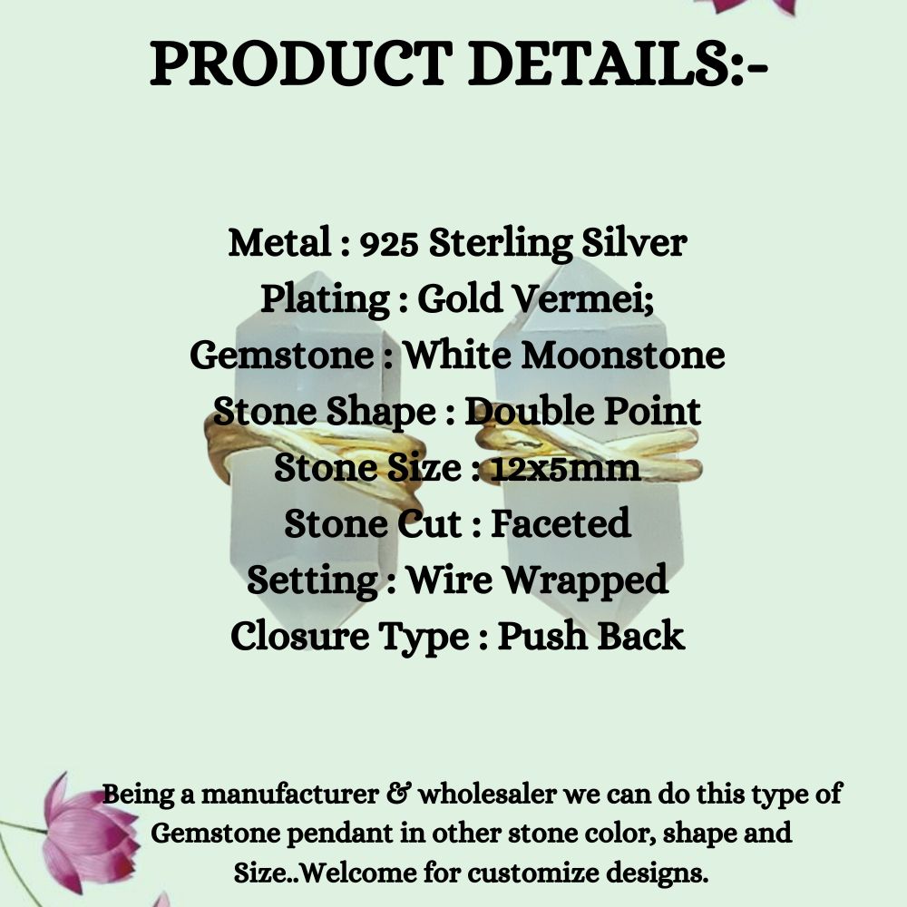 White Moonstone Stud Earrings Handmade Double Point Gemstone in Gold Vermeil Minimalist Crystal Jewelry- Selling Per Pair