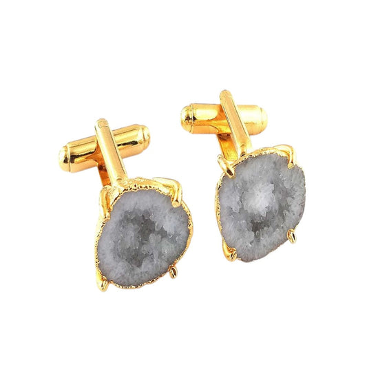 Handmade White Druzy Gold Electroplated Cufflinks - Geode Gemstone Men’s Jewelry Set