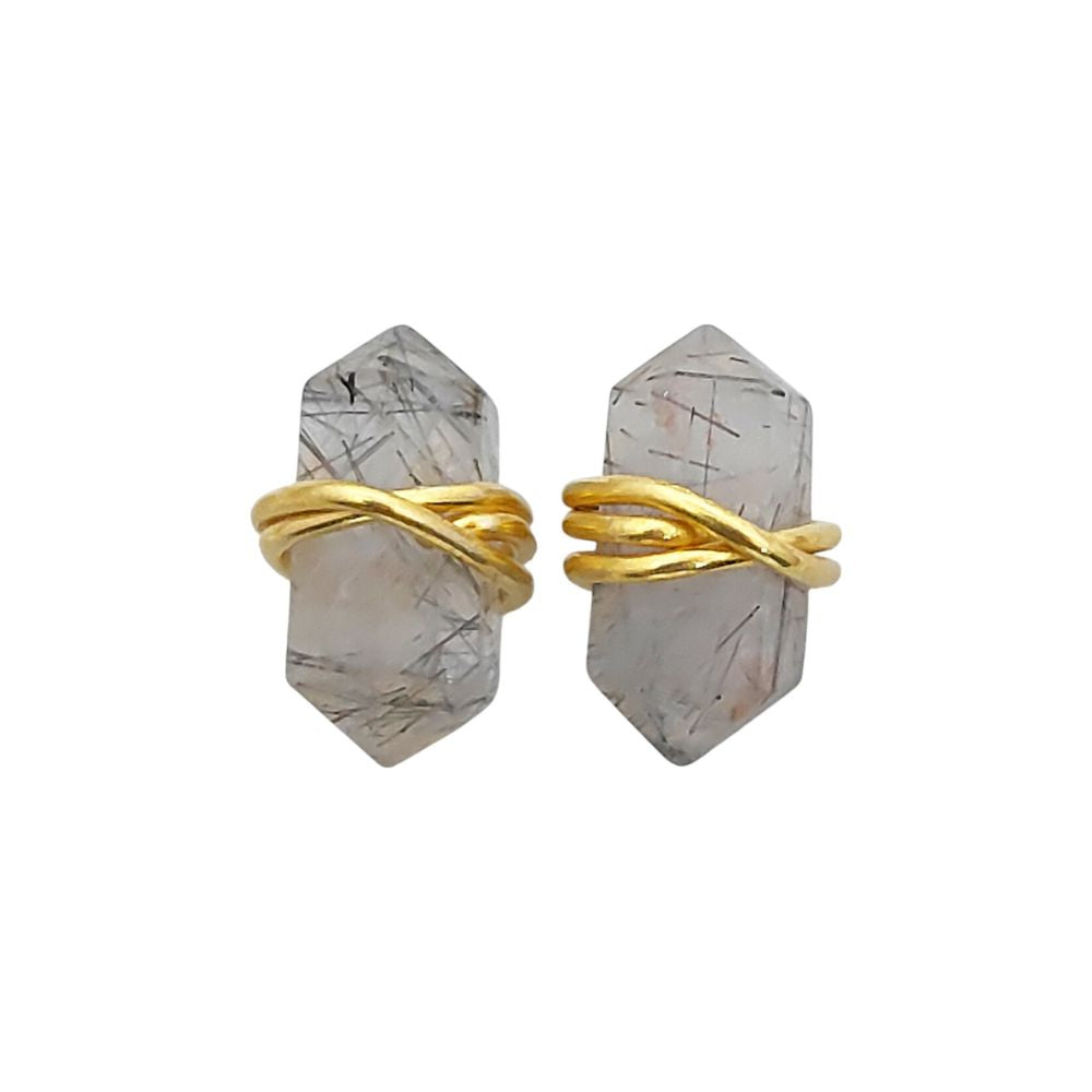 Wire Wrapped Black Rutile Quartz Double Point Stud Earrings 12x5mm Natural Gemstone Jewelry in Gold Vermeil- Selling Per Pair