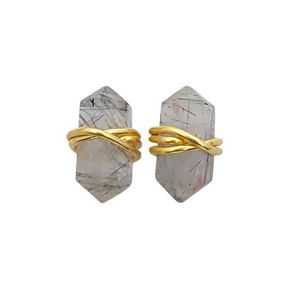 Wire Wrapped Black Rutile Quartz Double Point Stud Earrings 12x5mm Natural Gemstone Jewelry in Gold Vermeil- Selling Per Pair