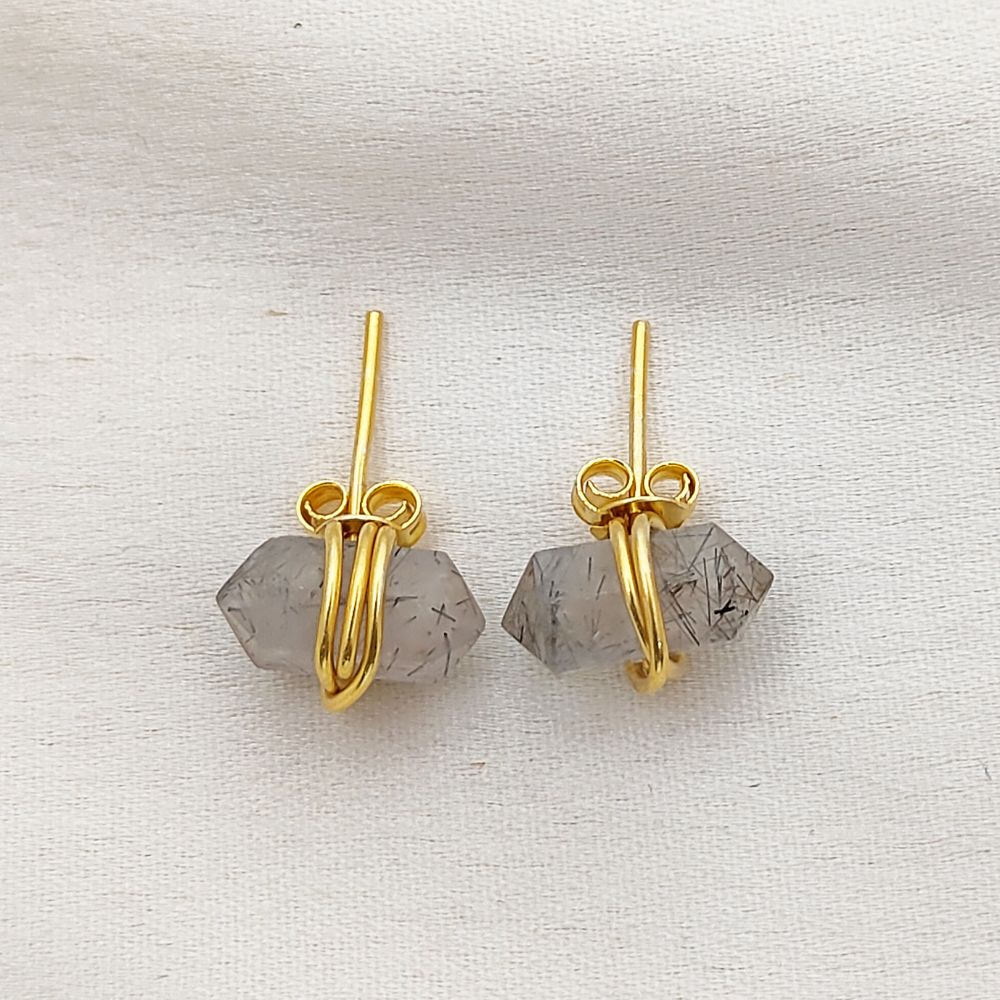 Wire Wrapped Black Rutile Quartz Double Point Stud Earrings 12x5mm Natural Gemstone Jewelry in Gold Vermeil- Selling Per Pair