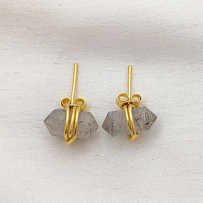 Wire Wrapped Black Rutile Quartz Double Point Stud Earrings 12x5mm Natural Gemstone Jewelry in Gold Vermeil- Selling Per Pair