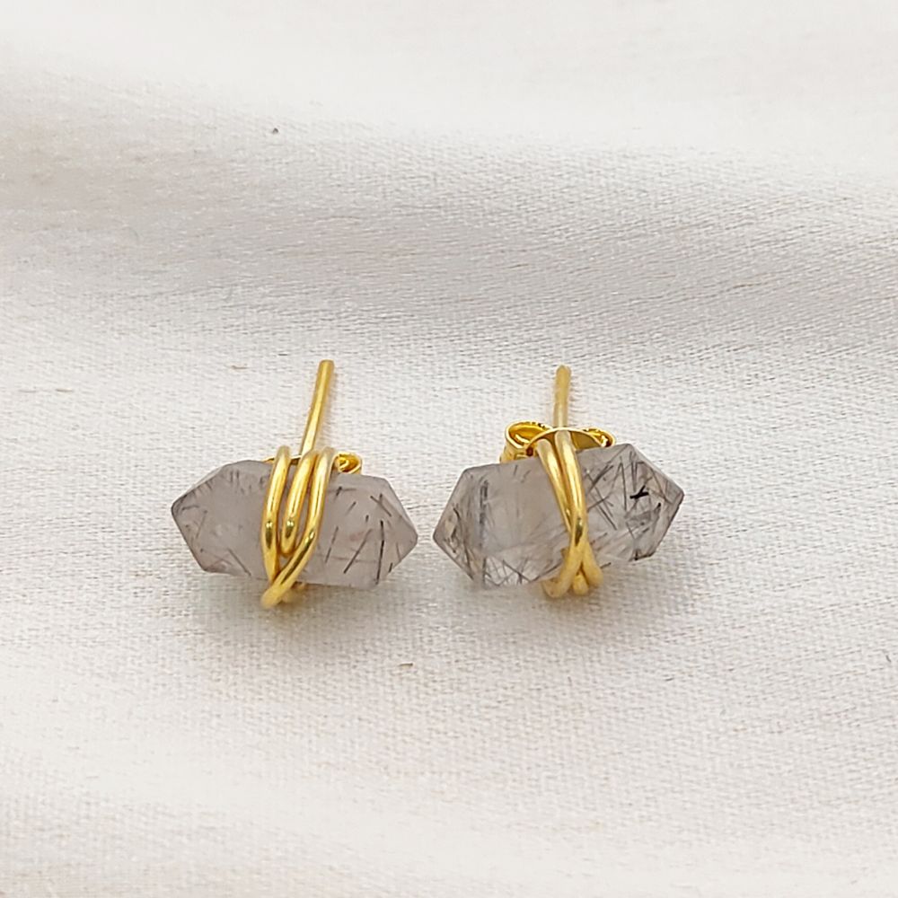 Wire Wrapped Black Rutile Quartz Double Point Stud Earrings 12x5mm Natural Gemstone Jewelry in Gold Vermeil- Selling Per Pair
