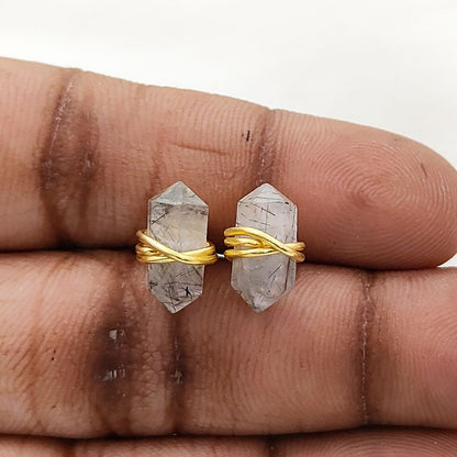 Wire Wrapped Black Rutile Quartz Double Point Stud Earrings 12x5mm Natural Gemstone Jewelry in Gold Vermeil- Selling Per Pair
