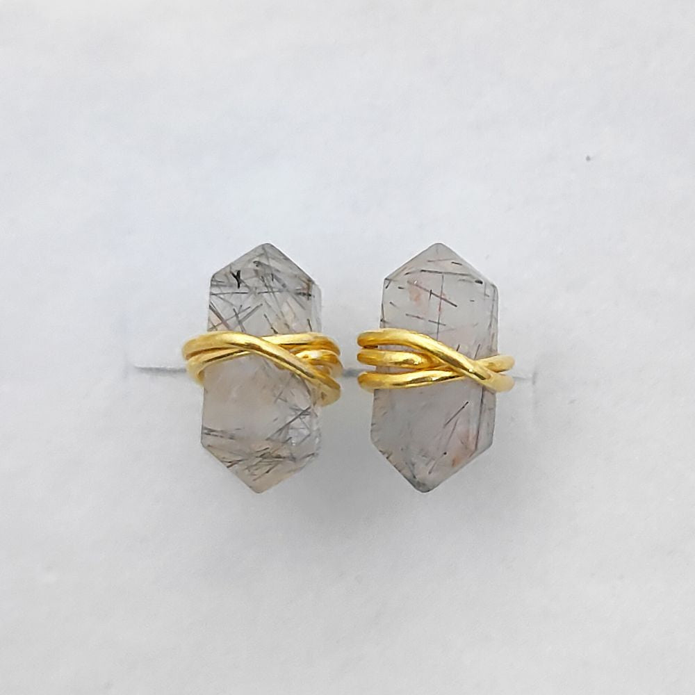 Wire Wrapped Black Rutile Quartz Double Point Stud Earrings 12x5mm Natural Gemstone Jewelry in Gold Vermeil- Selling Per Pair
