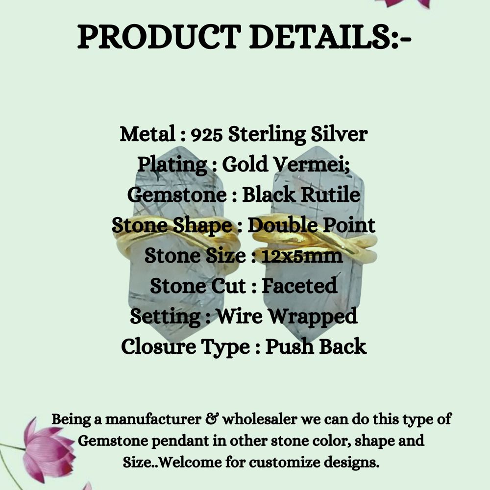 Wire Wrapped Black Rutile Quartz Double Point Stud Earrings 12x5mm Natural Gemstone Jewelry in Gold Vermeil- Selling Per Pair