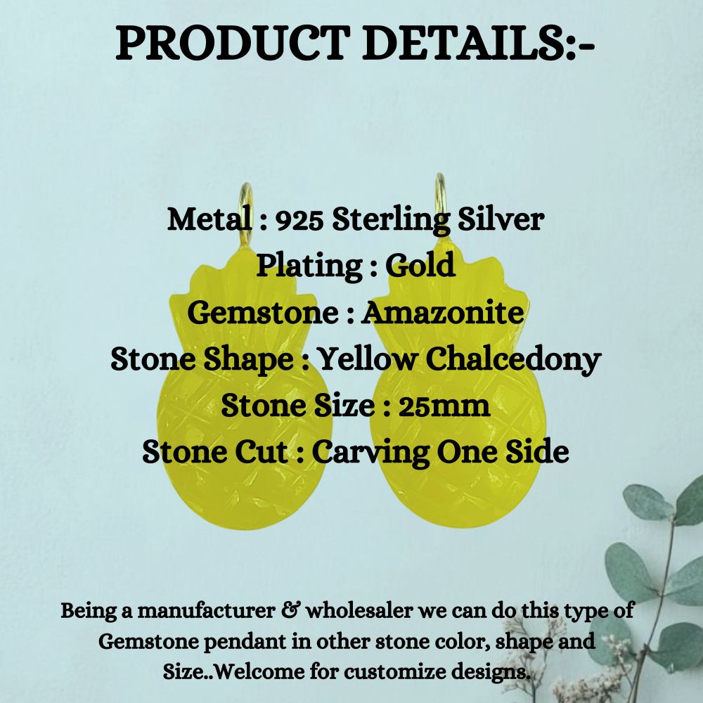 Yellow Chalcedony Pineapple Charm Pendant Natural Gemstone Tropical Fruit Jewelry in Gold Plated Sterling Silver- Selling Per Piece