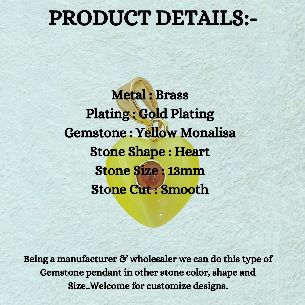 Yellow Monalisa Double Heart Pendant Charm Smooth Polished Gemstone Hearts with Durable Gold Plated Bail Ideal for DIY Necklace– Selling Per Piece
