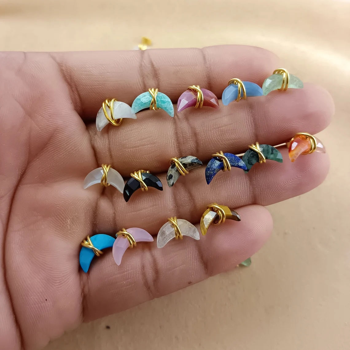 Gold Plated Half Moon Crescent Gemstone Studs Tiny Handmade Earrings for Women Minimalist Celestial Jewelry- Selling Per Pair