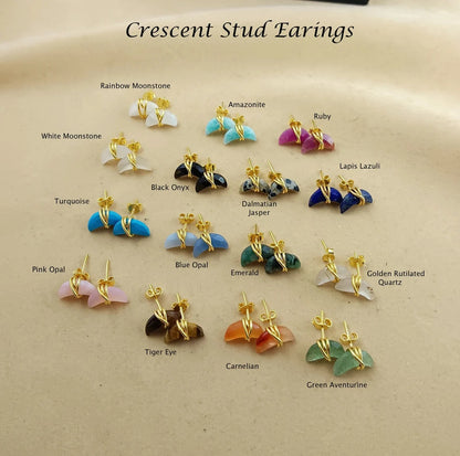 Gold Plated Half Moon Crescent Gemstone Studs Tiny Handmade Earrings for Women Minimalist Celestial Jewelry- Selling Per Pair