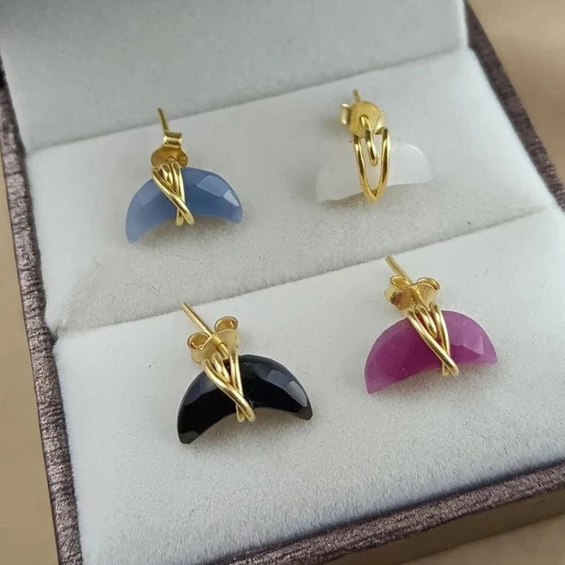 Gold Plated Half Moon Crescent Gemstone Studs Tiny Handmade Earrings for Women Minimalist Celestial Jewelry- Selling Per Pair
