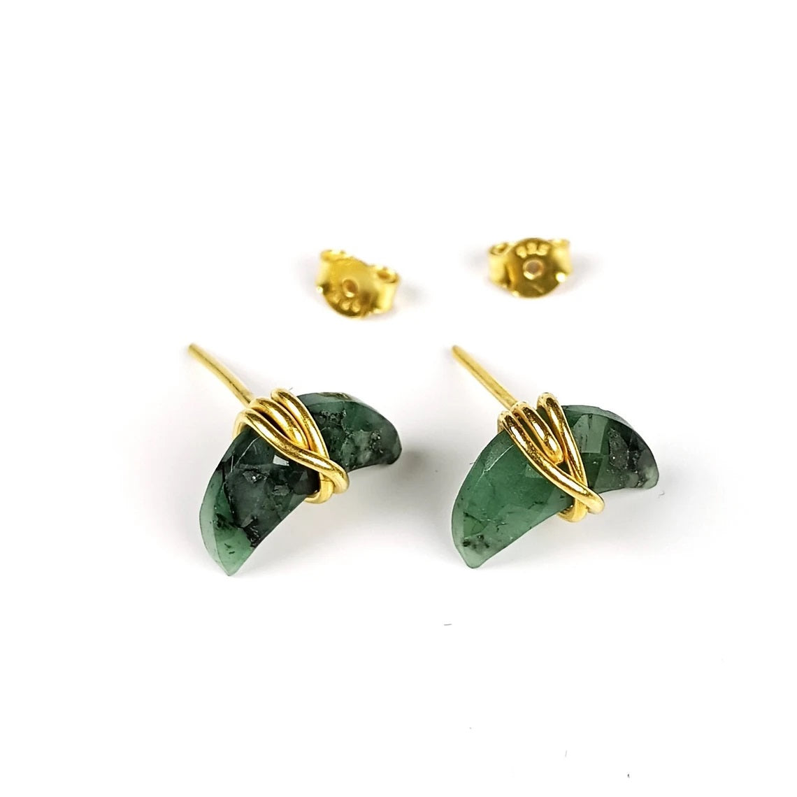 Gold Plated Half Moon Crescent Gemstone Studs Tiny Handmade Earrings for Women Minimalist Celestial Jewelry- Selling Per Pair