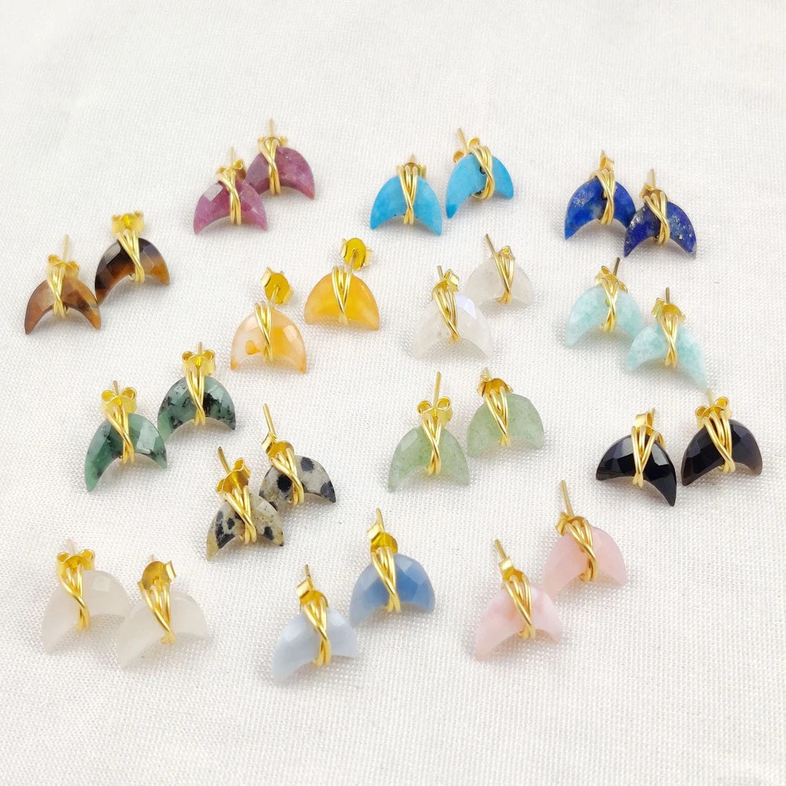 Gold Plated Half Moon Crescent Gemstone Studs Tiny Handmade Earrings for Women Minimalist Celestial Jewelry- Selling Per Pair