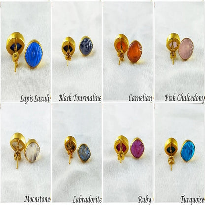 Handmade Black Tourmaline Evil Eye Stud Earrings Marquise Shape Gold Vermeil Healing Jewelry Gift- Selling Per Pair