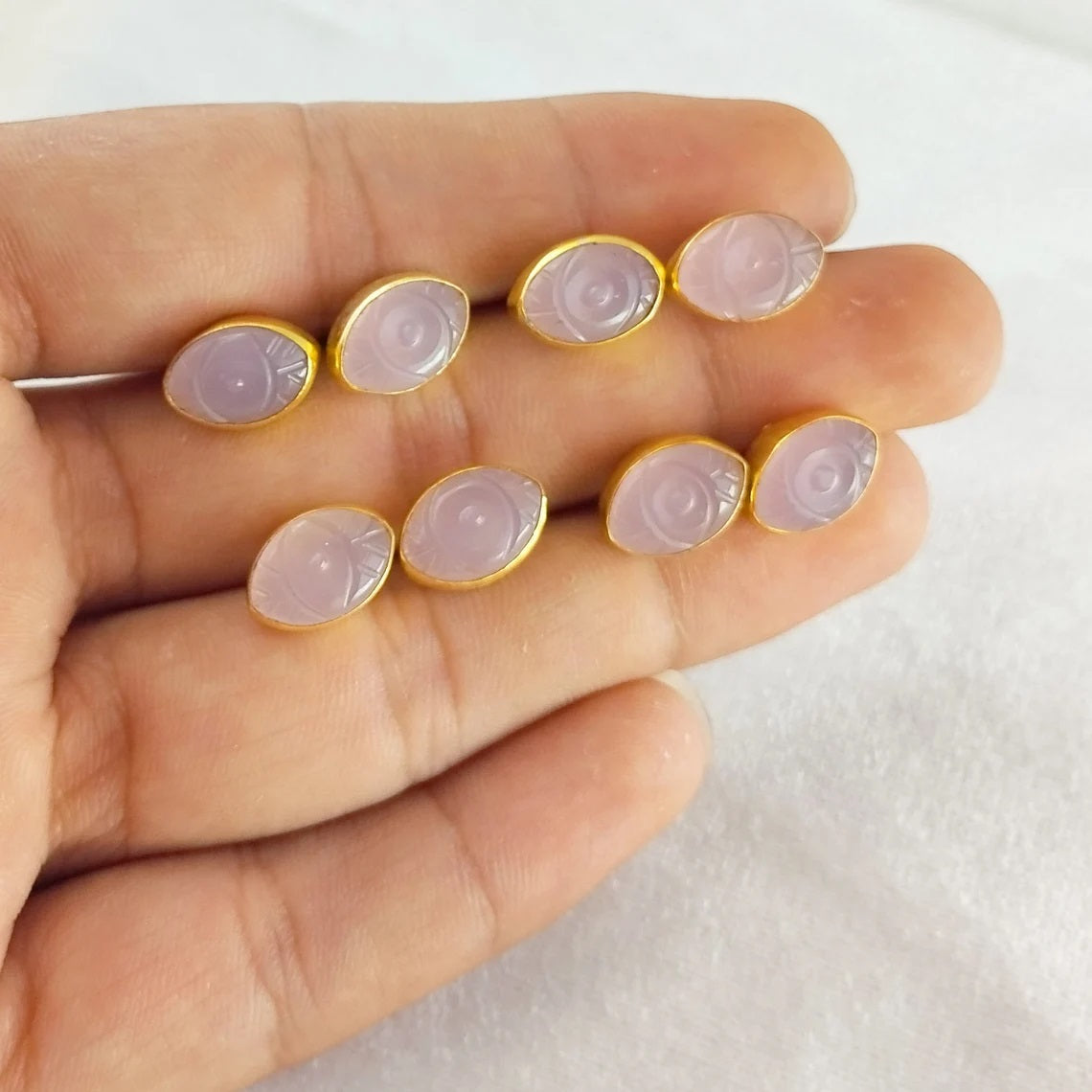 Hand Carved Evil Eye Pink Chalcedony Stud Earrings Marquise Gemstone Gold Vermeil Boho Jewelry- Selling Per Pair