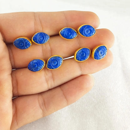 Handmade Black Tourmaline Evil Eye Stud Earrings Marquise Shape Gold Vermeil Healing Jewelry Gift- Selling Per Pair