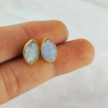 Gold Vermeil Labradorite Evil Eye Stud Earrings Hand Carved Marquise Bohemian Gemstone Jewelry – Selling Per Piece