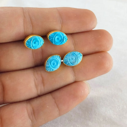 Boho Rainbow Moonstone Evil Eye Stud Earrings Hand Carved Marquise Gemstone Gold Vermeil Jewelry- Selling Per Pair