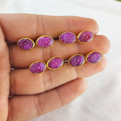 Boho Rainbow Moonstone Evil Eye Stud Earrings Hand Carved Marquise Gemstone Gold Vermeil Jewelry- Selling Per Pair