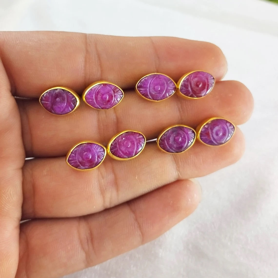 Gold Vermeil Evil Eye Earrings Hand Carved Dyed Ruby Marquise Studs, Boho Gemstone Style – Selling Per Piece