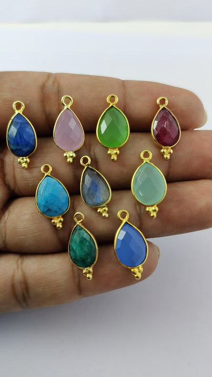 Solid Gold Plated 8x12mm Pear Shape Bezel Set Multi Gemstone Tiny Pendant for Jewelry Making- Selling Per Piece