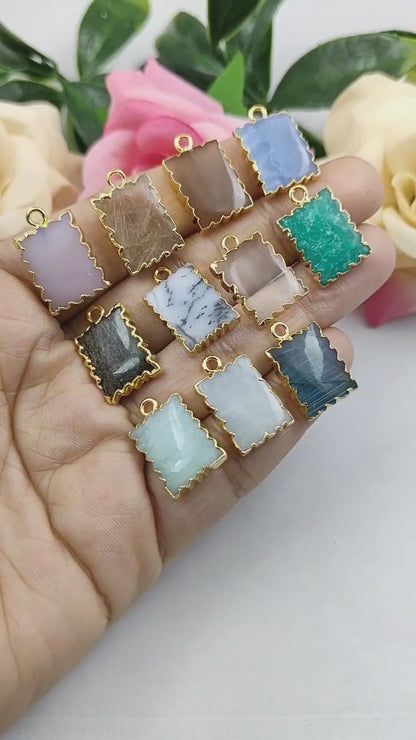 Handmade Gold/Silver Electroplated Slice Zig Zag Pendant 16x12mm Rectangle Multi Gemstone Minimalist Jewelry For Women- Selling Per Piece