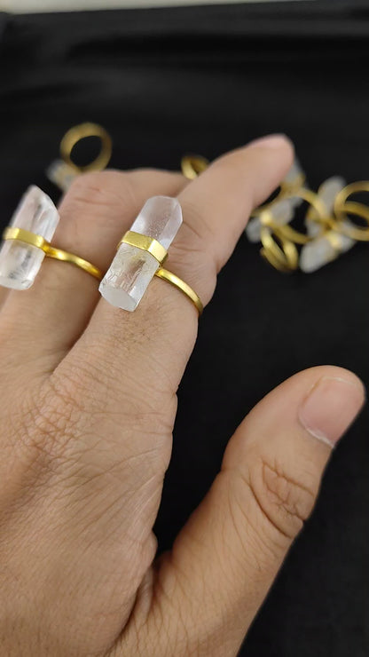 925 Sterling Silver Raw Clear Quartz Adjustable Ring Gold Plated Handmade Minimalist Jewelry For Women- Selling Per Piece