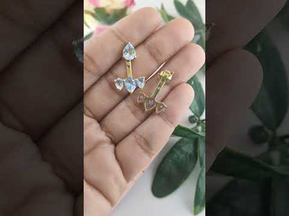 Pear Shape Natural Swiss Blue Topaz Ear Jacket Gold Plated Sterling Silver Birthstone Handmade Earrings Jewelry- Selling Per Pair