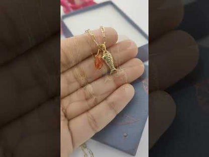 Orange Carnelian Fish Necklace, Tropical Beach Charm Pendant, Layered Gold Plated Jewelry for Women Gift