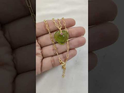 Hand Carved Peridot Quartz Heart Necklace in Gold Plated Finish Green Gemstone Pendant with Fancy Pinch Bail- Selling Per Piece