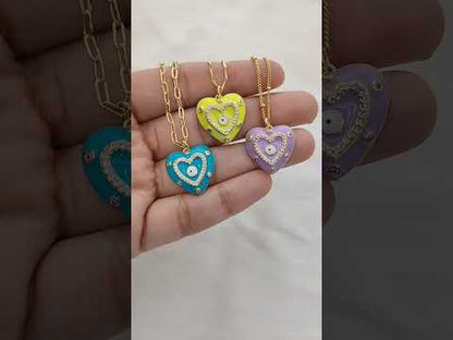 Gold Enamel Colorful Evil Eye Heart Charm Necklace CZ Micropavé Protective Love Jewelry for Women – Selling Per Piece